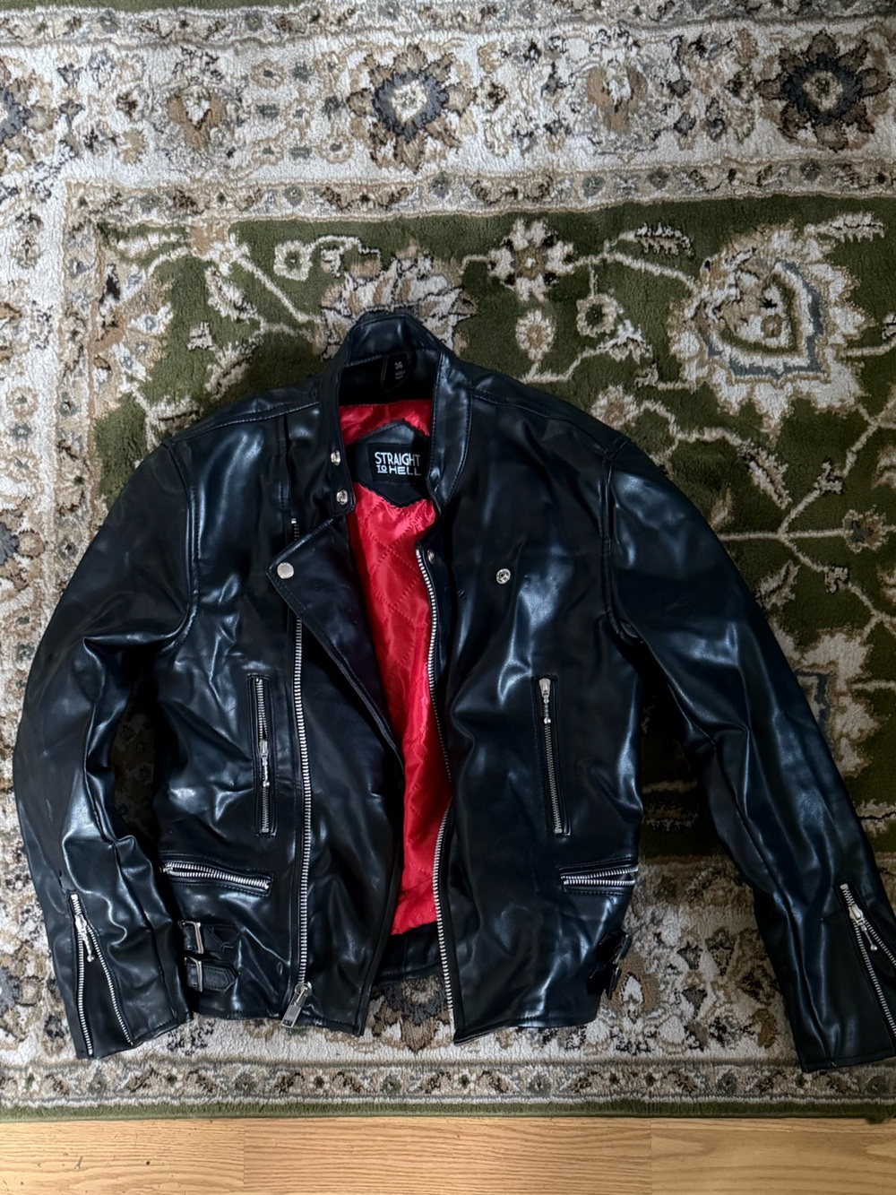 Men's Black Leather Moto Jacket with Red Lining